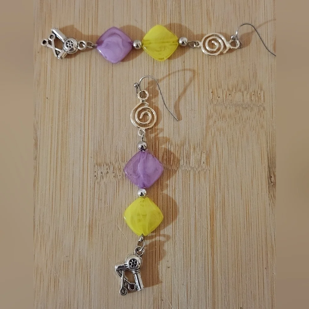 Lavender and Yellow Bead Earrings With Silver Blow Dryer And Scissors Charm
